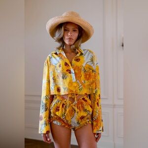 Selkie Sunflowers Cropped Long Sleeve Blouse & Baby Bloomers Shorts Set Size S